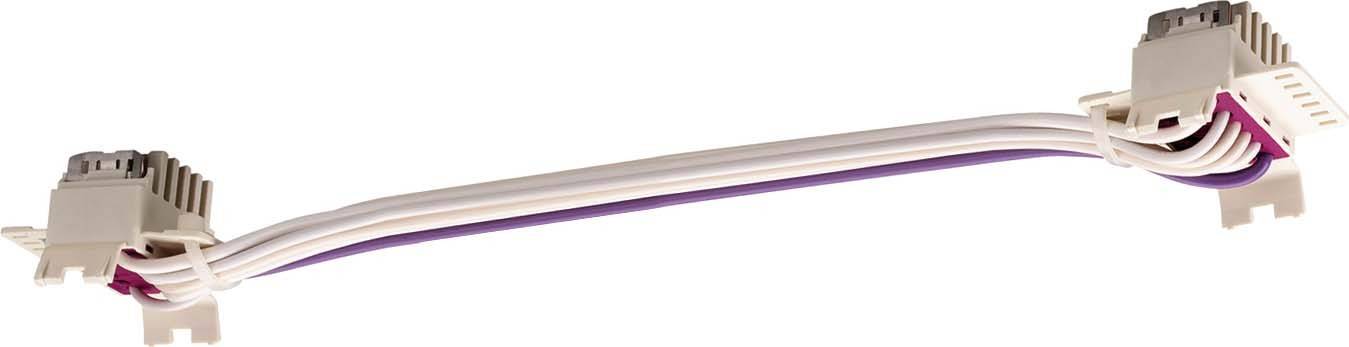 Steckverbinder mit weißen und violetten Drähten, geeignet für elektronische Verbindungen.