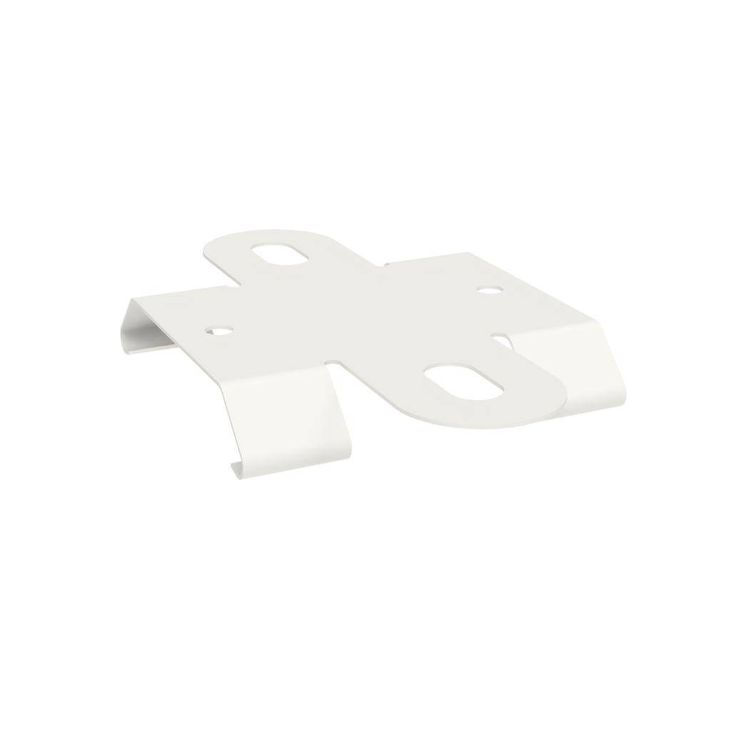 Metallhalterung mit vier abgerundeten Laschen und zentralen Befestigungslöchern, zur Wand- oder Deckenmontage. Farbe: Weiß.