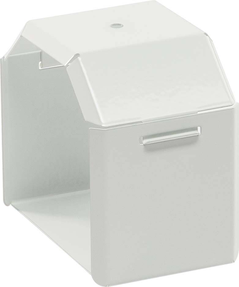 Weiße, rechteckige Metallbox mit einem überhängenden Deckel oben. Die Box hat eine glatte Oberfläche und eine kleine Öffnung.