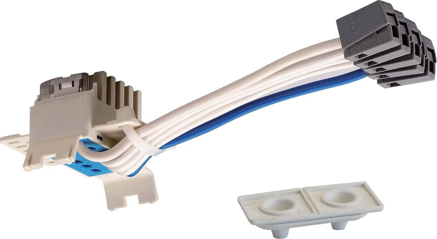 Elektrischer Stecker mit mehreren weißen und blauen Kabeln, verbunden mit einem grauen Kunststoff-Konnektor, daneben ein weißes Kunststoffteil.