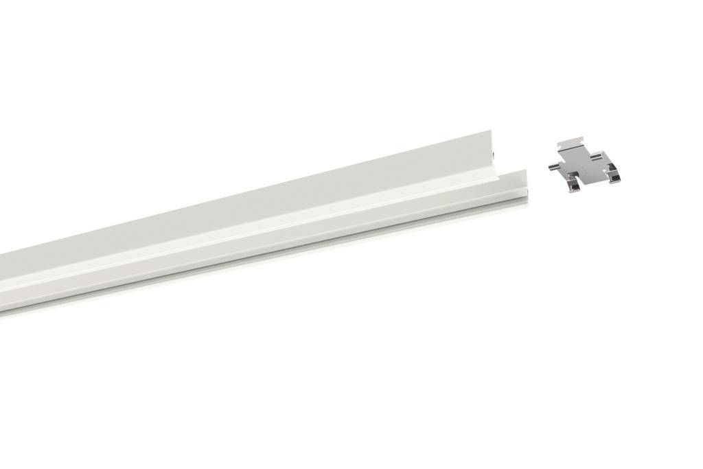 Langes weißes Schienenprofil mit einem kleinen separaten Metallteil rechts daneben.