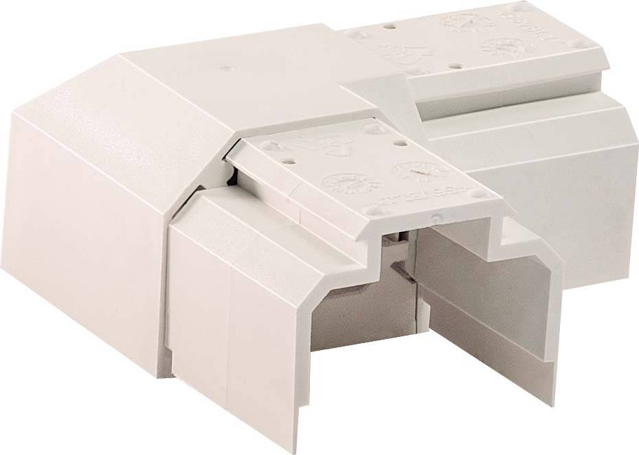 Weiße 90-Grad-Kunststoffverbindung für Kabelkanäle; L-förmiger Steckverbinder mit abgerundeten Kanten für saubere Eckenmontage.