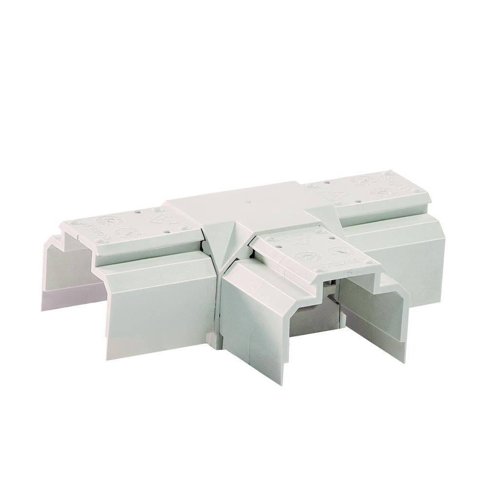 Weiße Kunststoff-Eckverbindung für Kabelkanäle, geeignet zur Führung von Kabeln in verschiedene Richtungen.