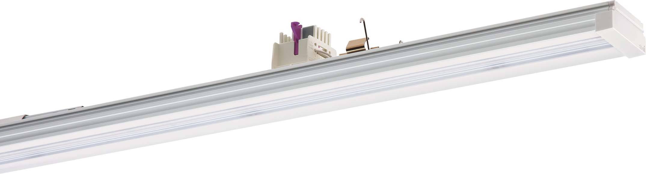 LED-Beleuchtungsleiste mit weißem Gehäuse und integrierter lila Komponente, geeignet zur gleichmäßigen Ausleuchtung von Räumen.