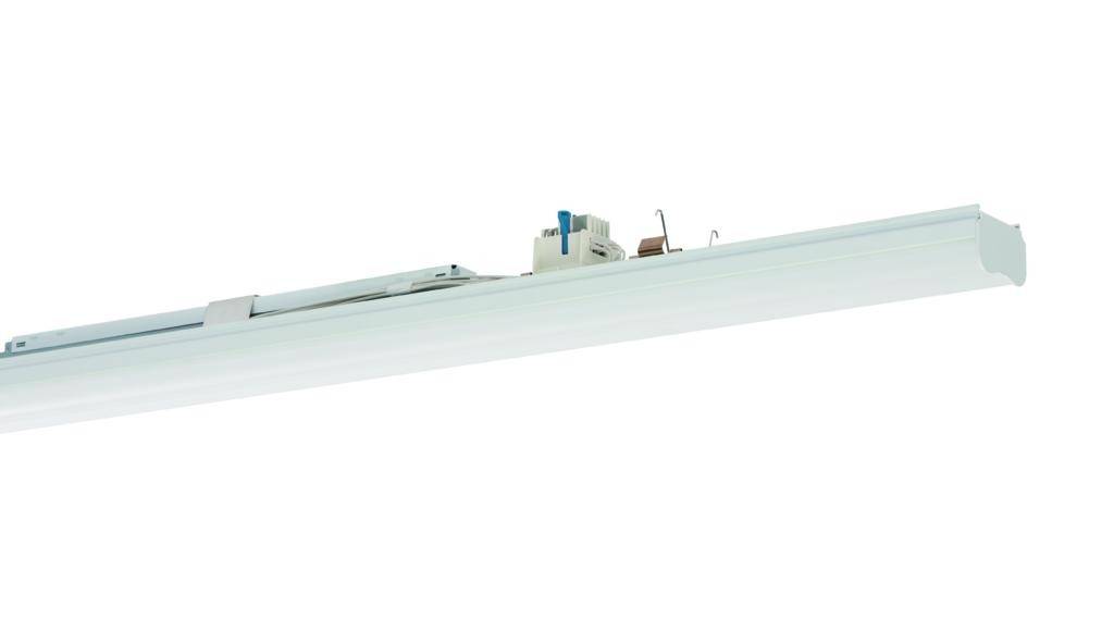 Deckenleuchte mit länglicher weißer Lichtleiste und sichtbaren elektronischen Komponenten auf der Oberseite.