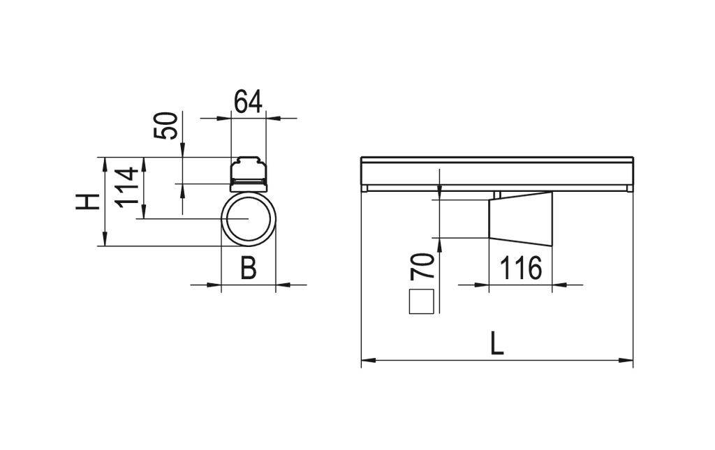 Technische Zeichnung eines Rohres mit Maßen: Höhe 114 mm, Breite 64 mm, Länge 116 mm, Basisbreite 50 mm, Rohrdurchmesser H.