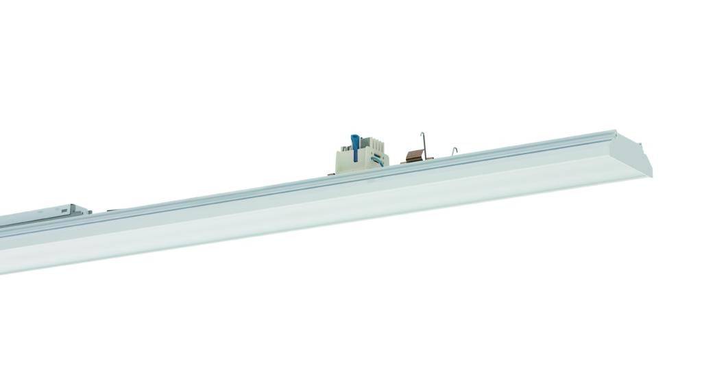 Langes, rechteckiges LED-Lichtmodul, weiß, linear ausgerichtet mit sichtbarer elektrischer Anschlussbox an einer Seite.