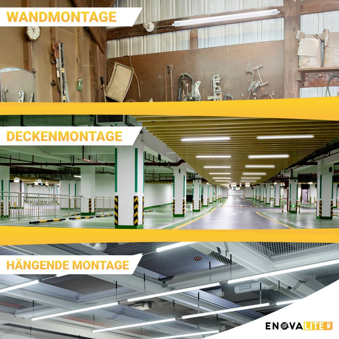 Drei Montagearten von Beleuchtung: 'Wandmontage' mit Werkzeugwand, 'Deckenmontage' in einer Tiefgarage, 'Hängemontage' in einer Garage.
