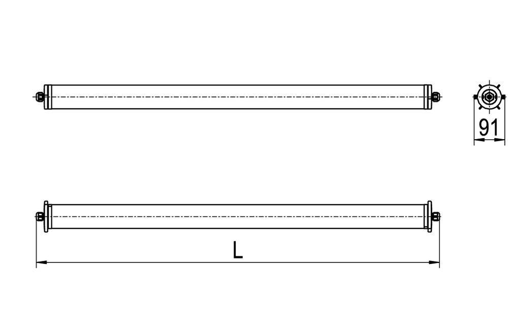 Technische Zeichnung eines zylindrischen Bauteils mit Länge 'L' und Durchmesser 91. Oben und unten Ansichten des Bauteils.