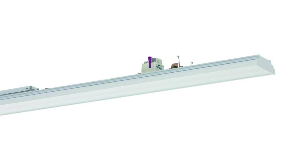 Eine lange, rechteckige LED-Leuchte in einem schlichten, modernen Design, hauptsächlich in Weiß gehalten, ohne sichtbare Verzierungen.