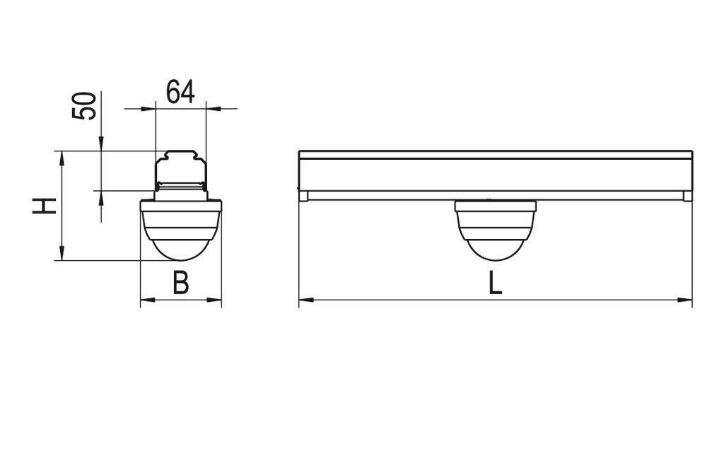 Seiten- und Frontansicht einer technischen Zeichnung einer Lampe. Maße: 50 mm Höhe, 64 mm Breite, L und H sind weitere Dimensionen.