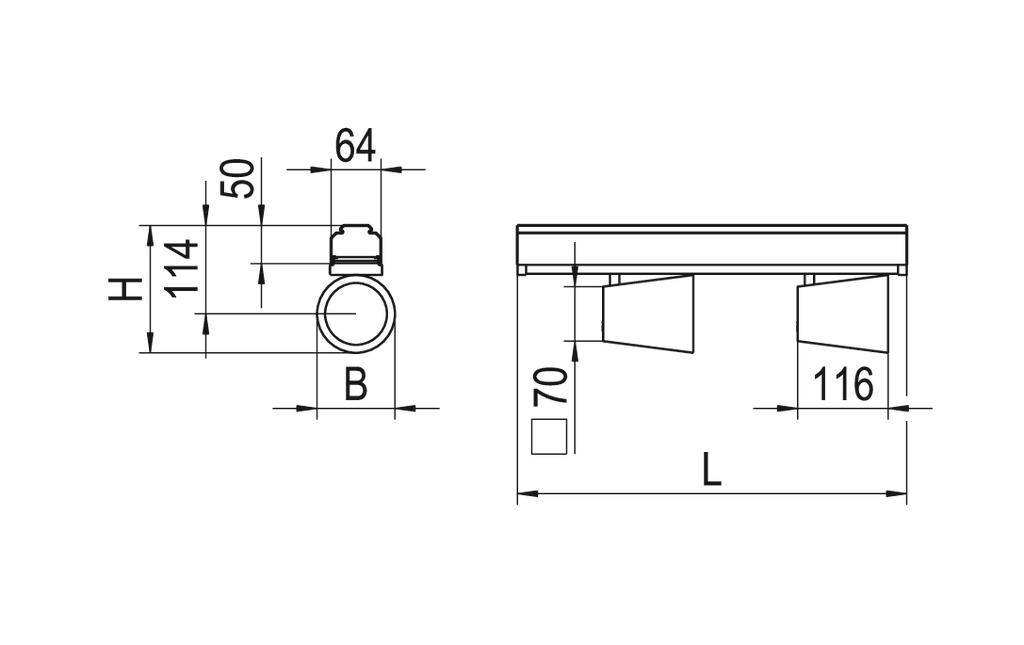 Technische Zeichnung eines Bauteils mit Maßen: Höhe (H) 114 mm, Breite (B) 64 mm. Seitenansicht zeigt L 116 mm und Höhe 70 mm.