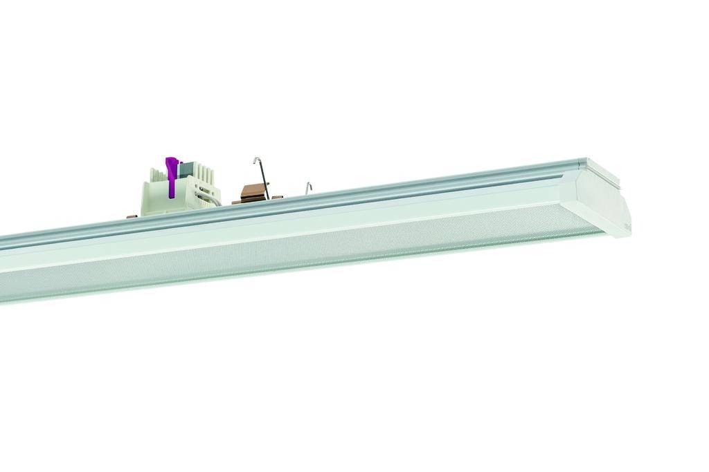 LED-Leuchte in modernem Design mit sichtbarer Verdrahtung und Halterung für Deckenmontage. Ideal für Büro- oder Geschäftsräume.