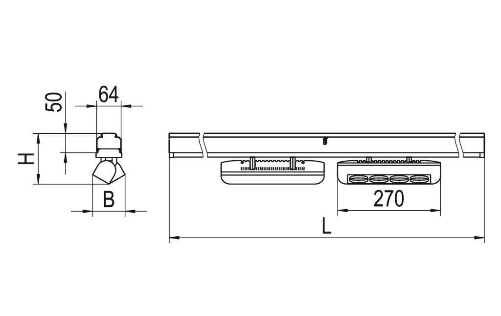 Technische Zeichnung eines Deckenstrahlers mit Maßen: Höhe 50 mm, Breite 64 mm, Länge 270 mm. Zeigt Seiten- und Frontalansicht.