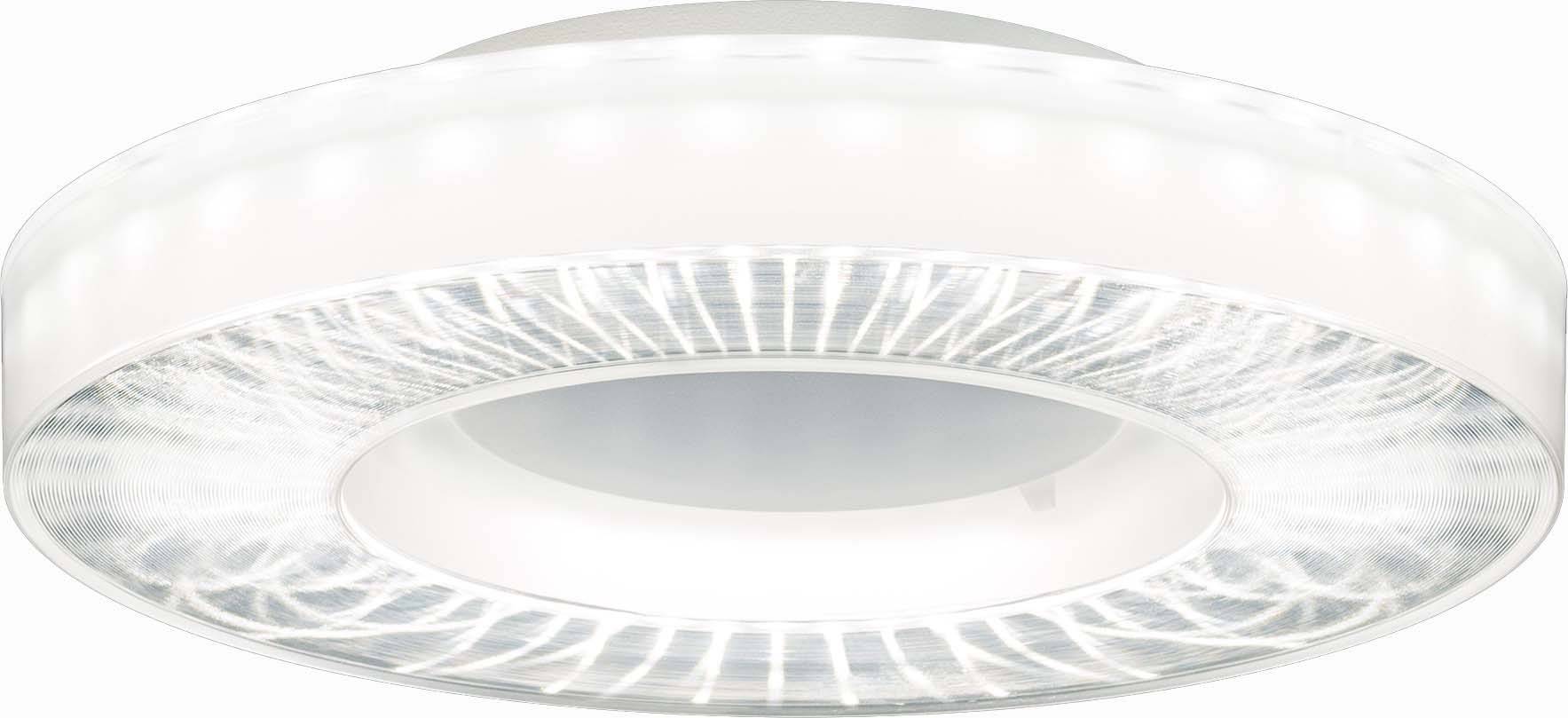 Runde LED-Deckenleuchte mit transparentem Ring und weißer Lichtabdeckung, bietet gleichmäßige Ausleuchtung geeignet für moderne Räume.