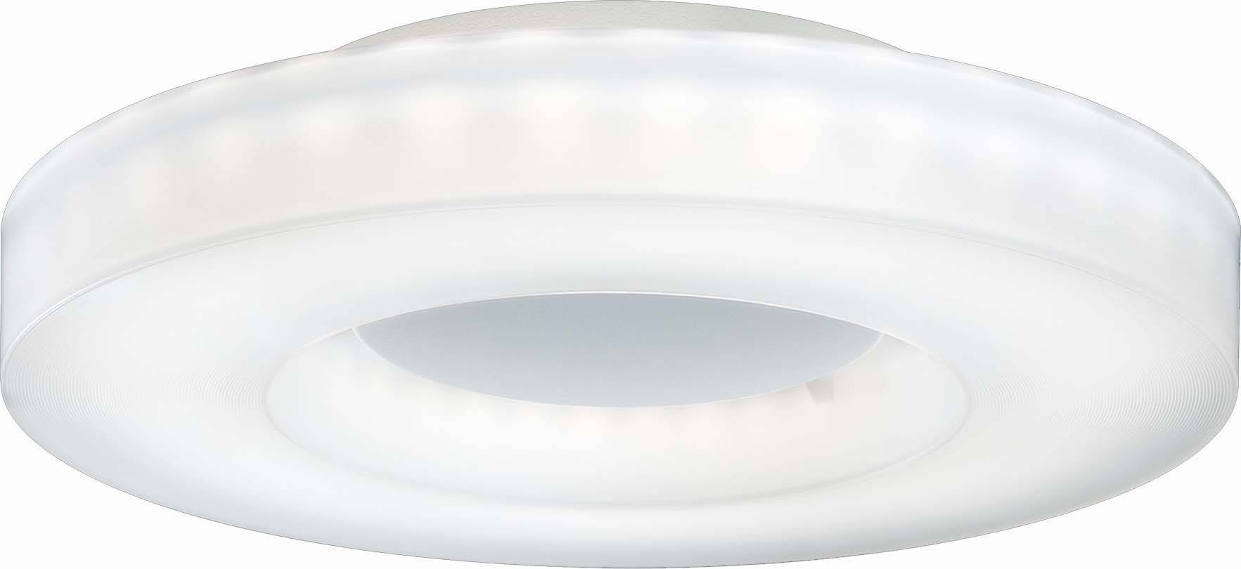 Eine runde, weiße Deckenlampe mit sanftem, kreisförmigem Design. Sie wirkt modern und ist geeignet zur gleichmäßigen Raumbeleuchtung.