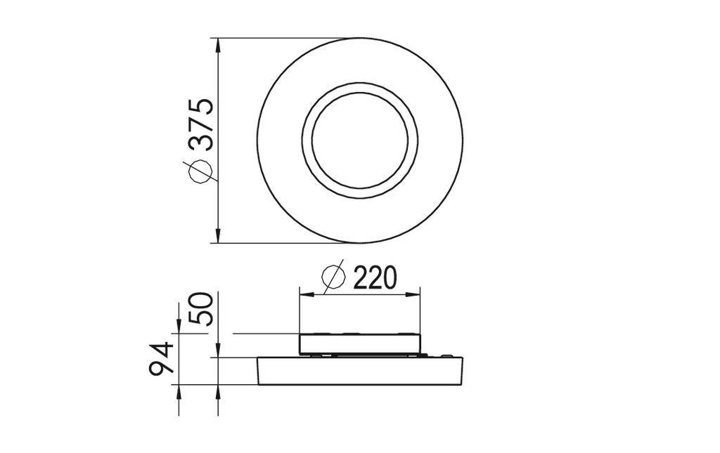 Technische Zeichnung eines runden Objekts mit Durchmessern von 375 mm und 220 mm. Die Höhe beträgt 94 mm, mit einem 50 mm hohen Abschnitt.