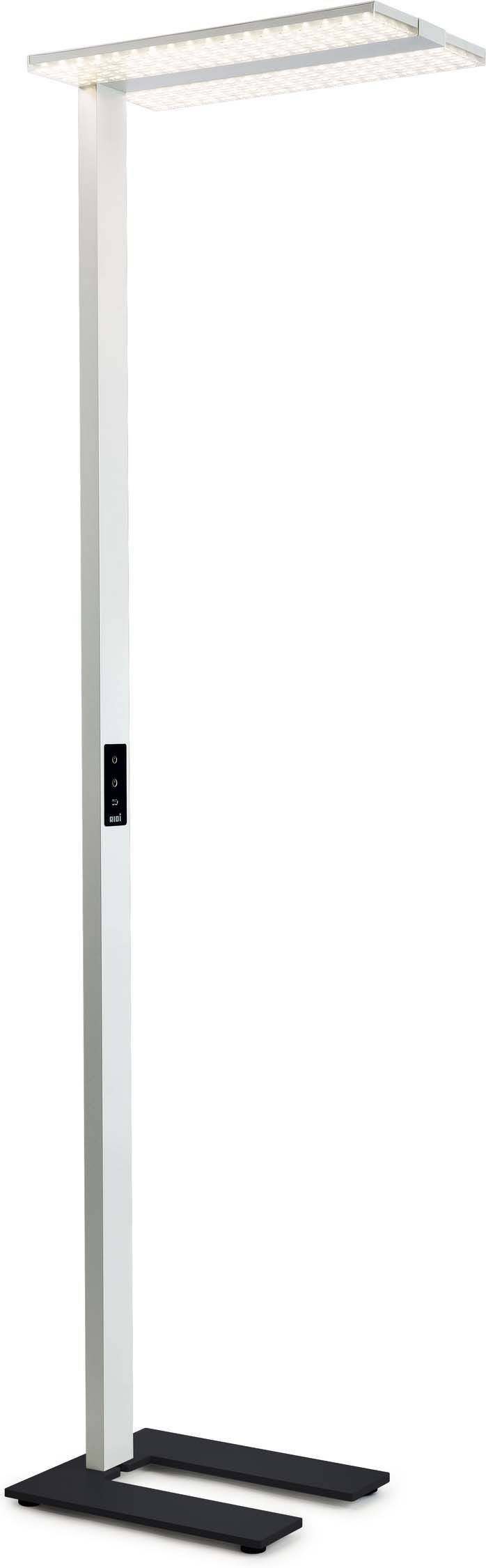 Eine schmale, moderne Stehlampe mit rechteckigem Lampenschirm, stehend auf einem zweifüßigen Sockel, ideal für Bürobeleuchtung.