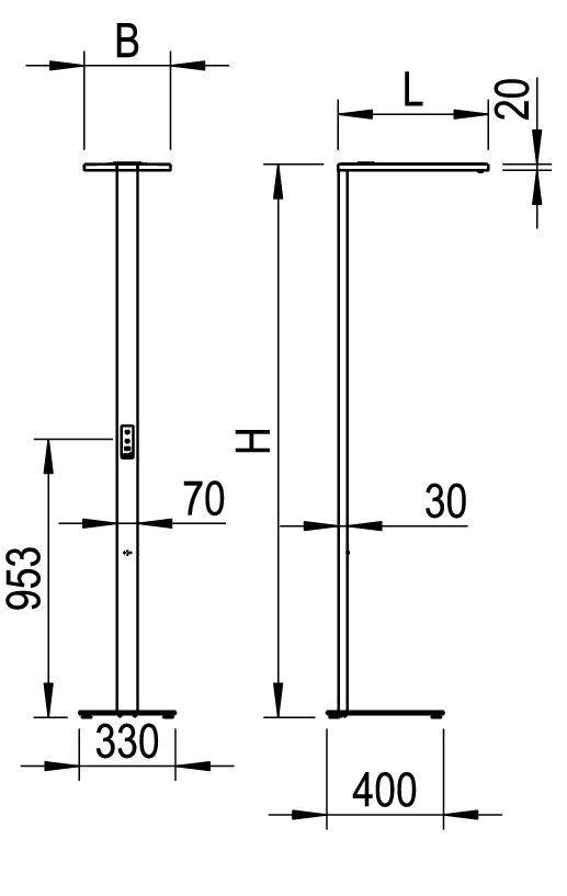 Technische Zeichnung einer Stehlampe mit Maßen: Höhe 953 mm, Basisbreite 330 mm, obere Breite 400 mm. Seitenansicht zeigt Tiefe 70 mm.
