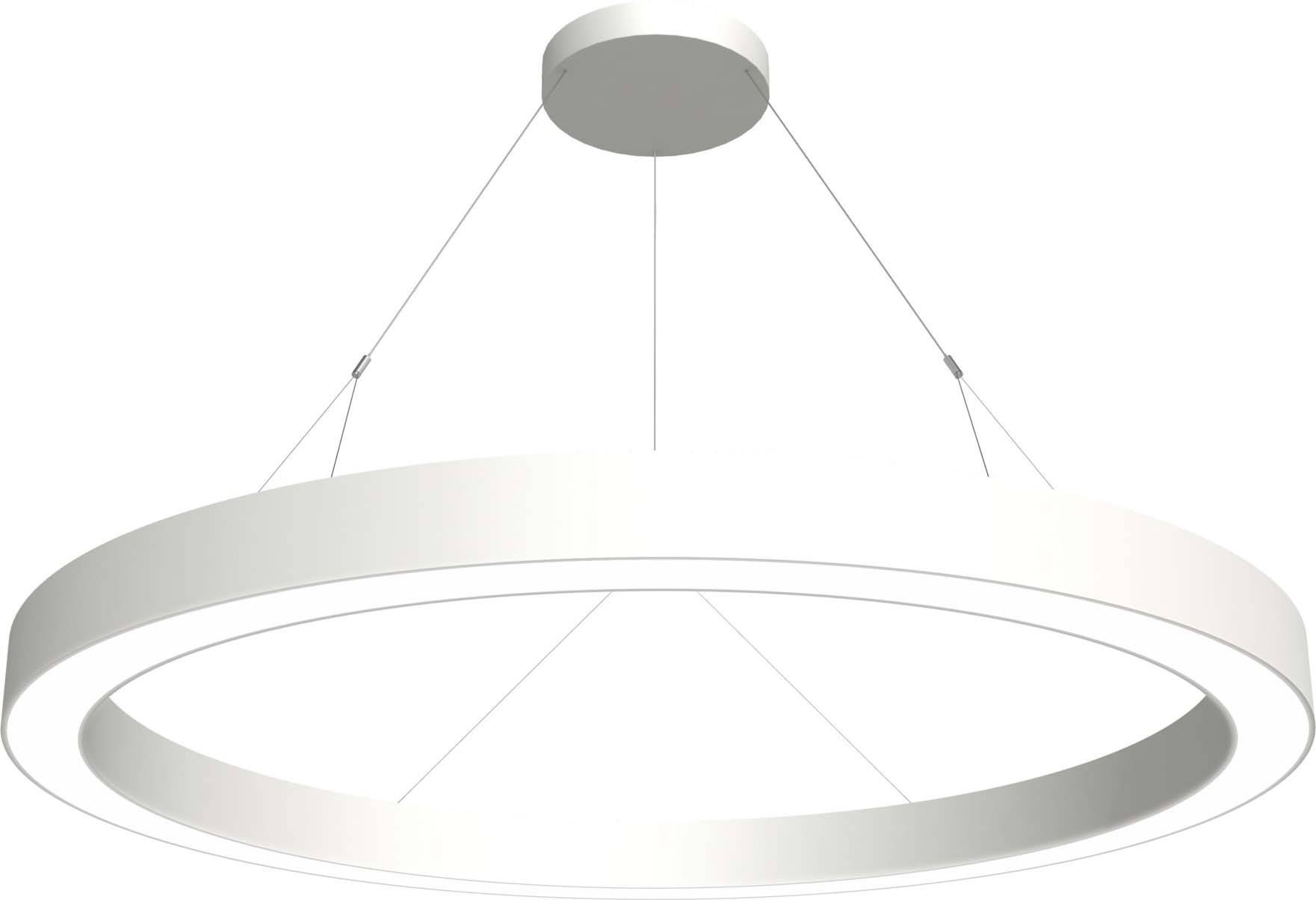 Kreisförmige, moderne Hängelampe mit minimalistischen Design. Weiße Leuchte von der Decke abgehängt durch vier dünne Kabel.