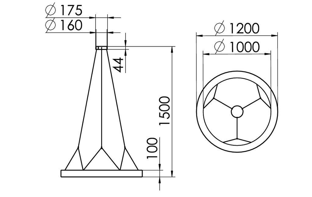 Technische Zeichnung eines kegelförmigen Objekts mit Maßen. Höhe 1500 mm, Basisdurchmesser 1200 mm, oberer Durchmesser 160 mm.