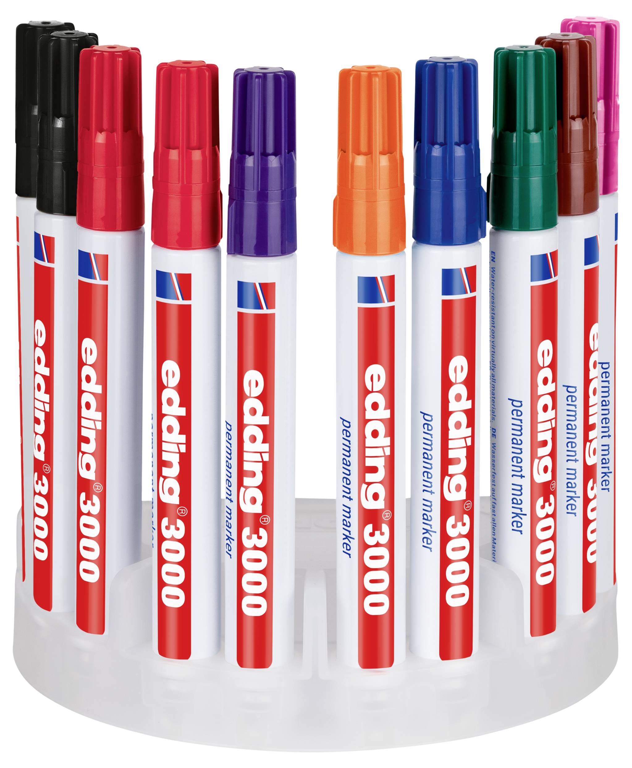 Assortierte Edding 3000 Permanentmarker in einem durchsichtigen Displayständer, wobei mehrere Farben und Deckelfarben aufrecht angeordnet sind.