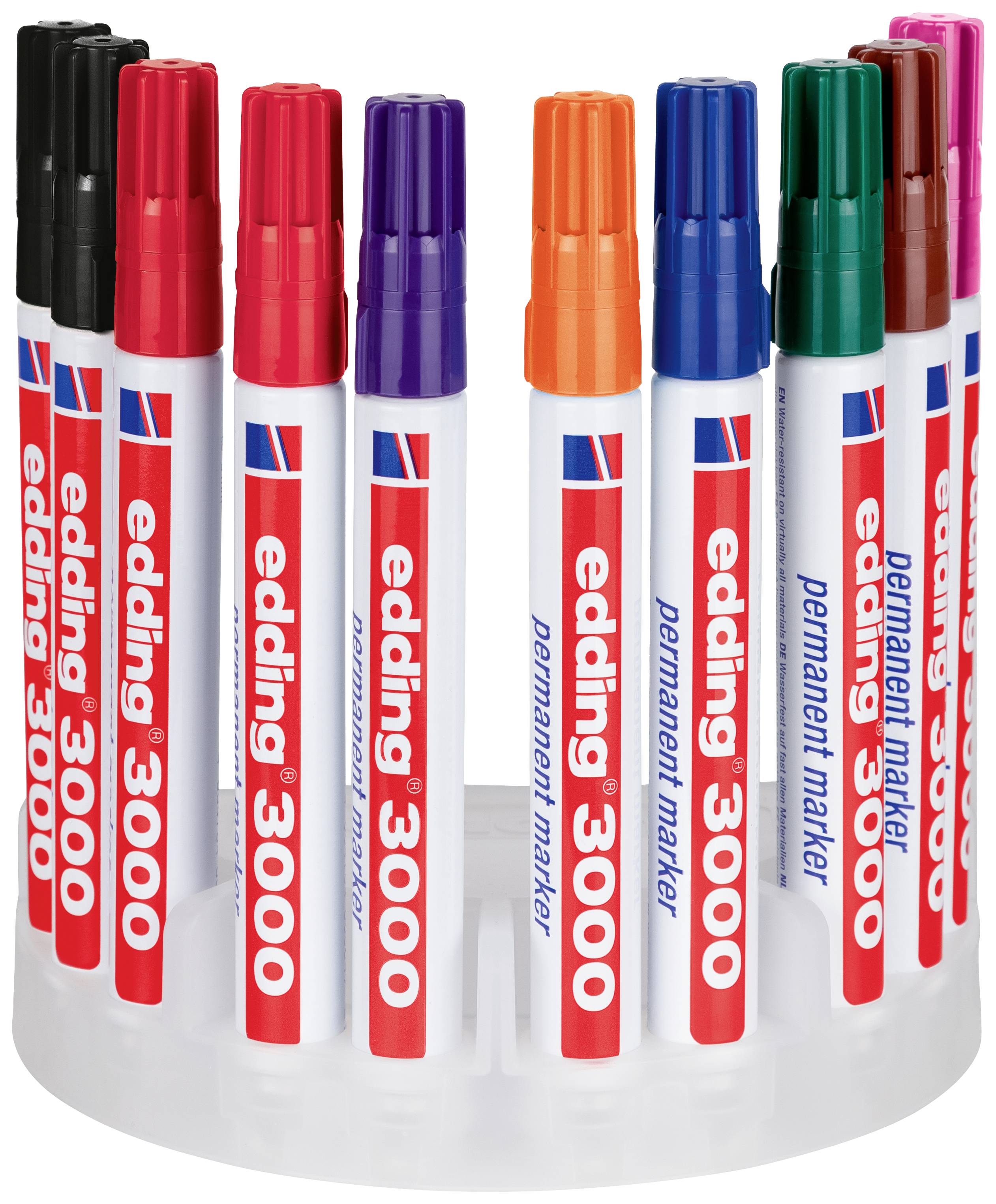 Verschiedene farbige Edding 3000 Permanentmarker stehen in einem runden, transparenten Halter.