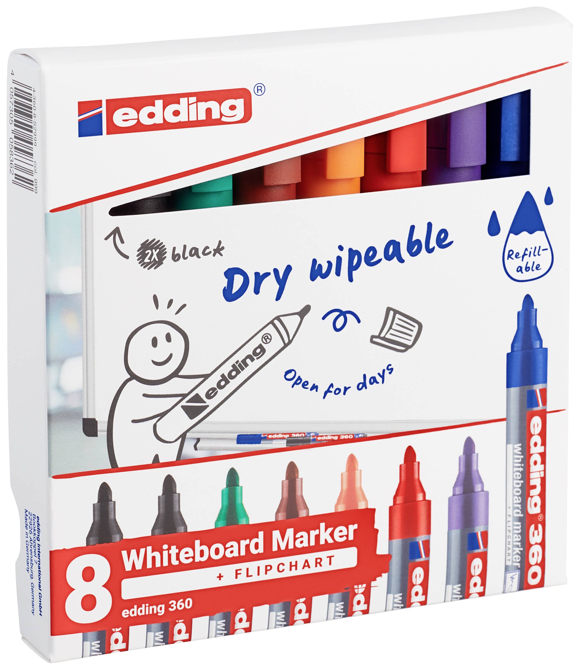 Eine Verpackung mit acht bunten Whiteboard-Markern der Marke edding, inklusive einem schwarzen Marker. Nachfüllbar und trocken abwischbar.