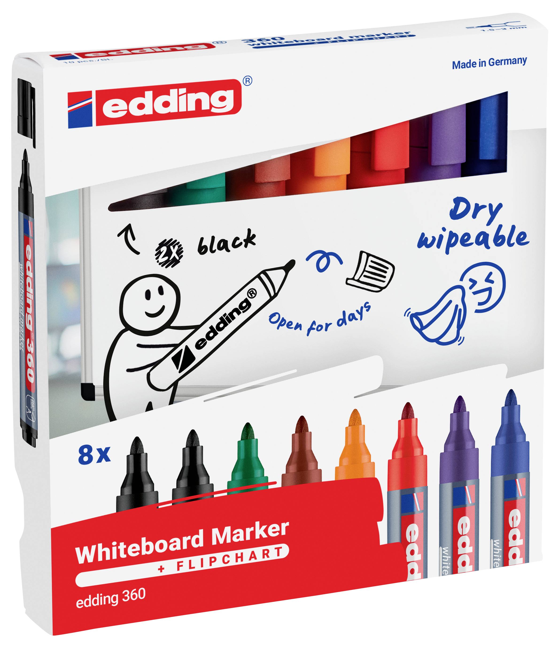 Schachtel mit Edding 360 Flipchart-Whiteboard-Markern, gekennzeichnet als trocken abwischbar und tagelang offen haltbar, mit 8 Farben.