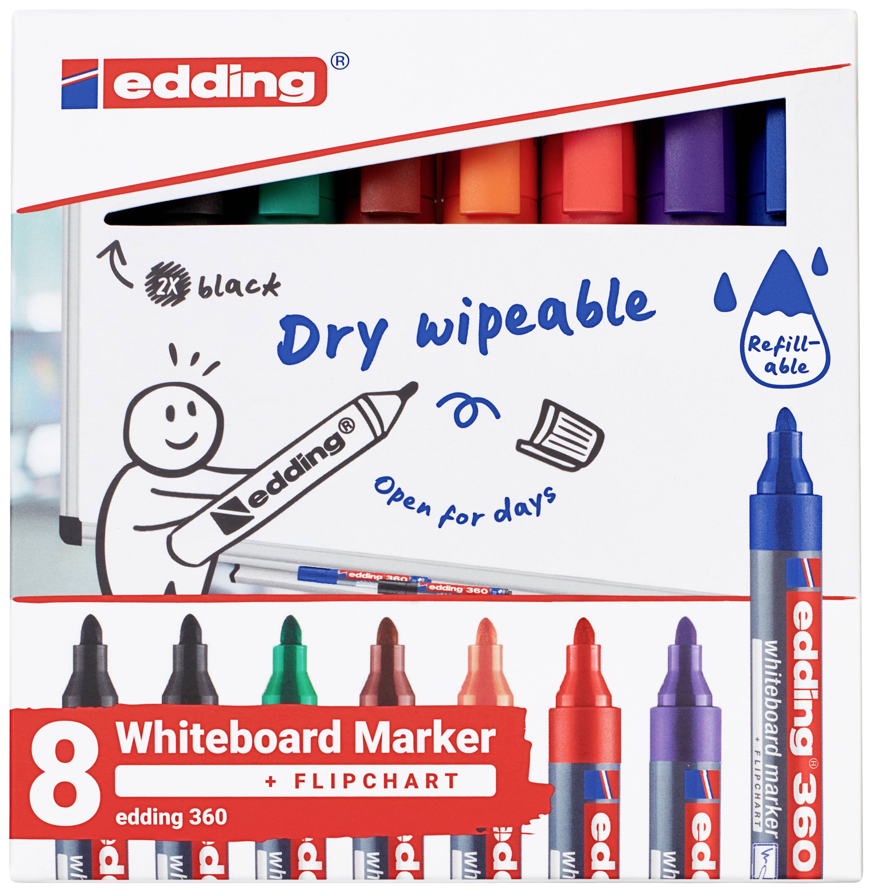 Verpackung von 'edding' Whiteboard-Markern in verschiedenen Farben. Enthält acht Stifte, die trocken abwischbar und nachfüllbar sind.