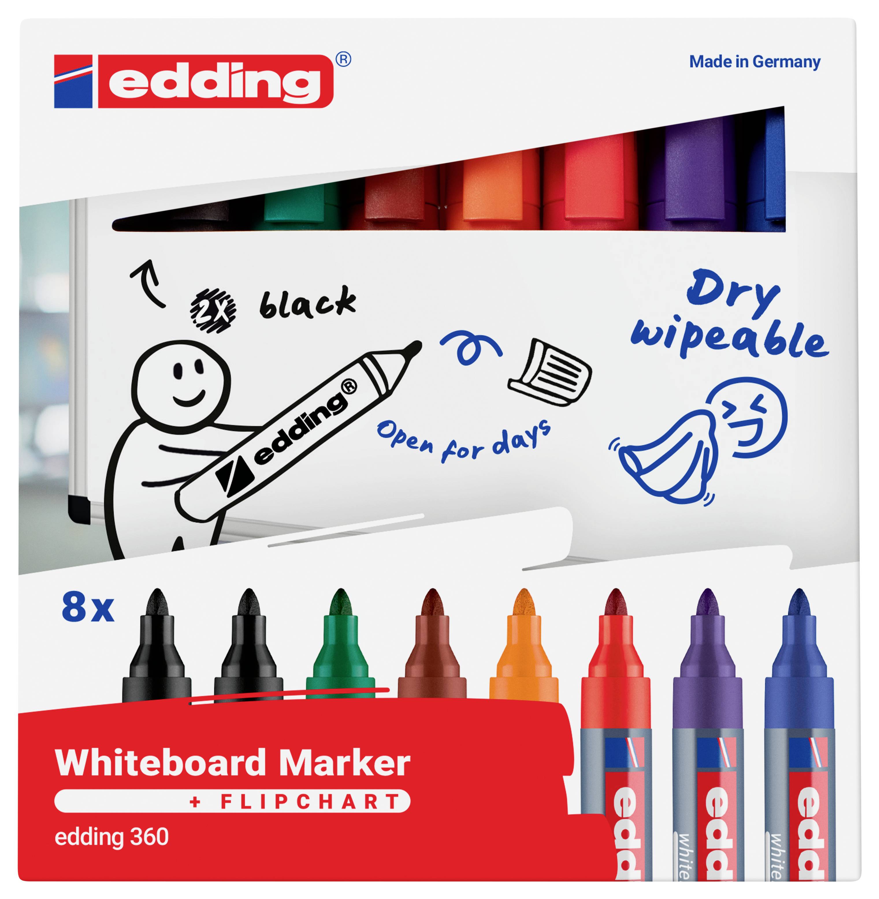 Verpackung für Edding 360 Whiteboard-Marker, mit 8 Farben und einer Whiteboard-Skizze mit den Aufschriften „Trocken abwischbar" und „Tagelang offen".