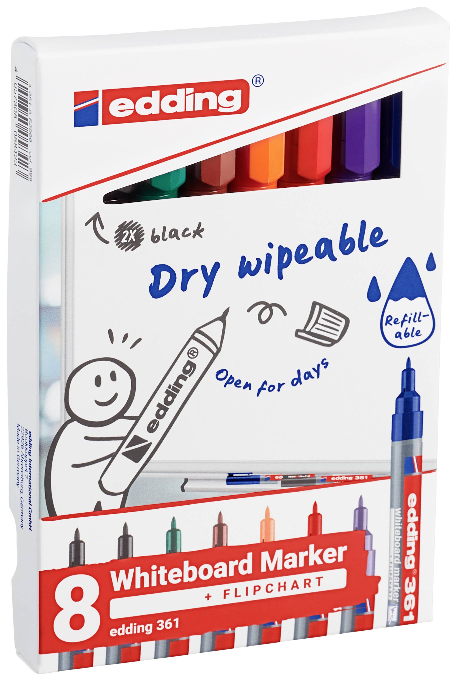 Eine Packung mit acht farbigen Whiteboard-Markern von edding. Text drauf: 'Dry wipeable', 'Open for days', 'Refillable'.