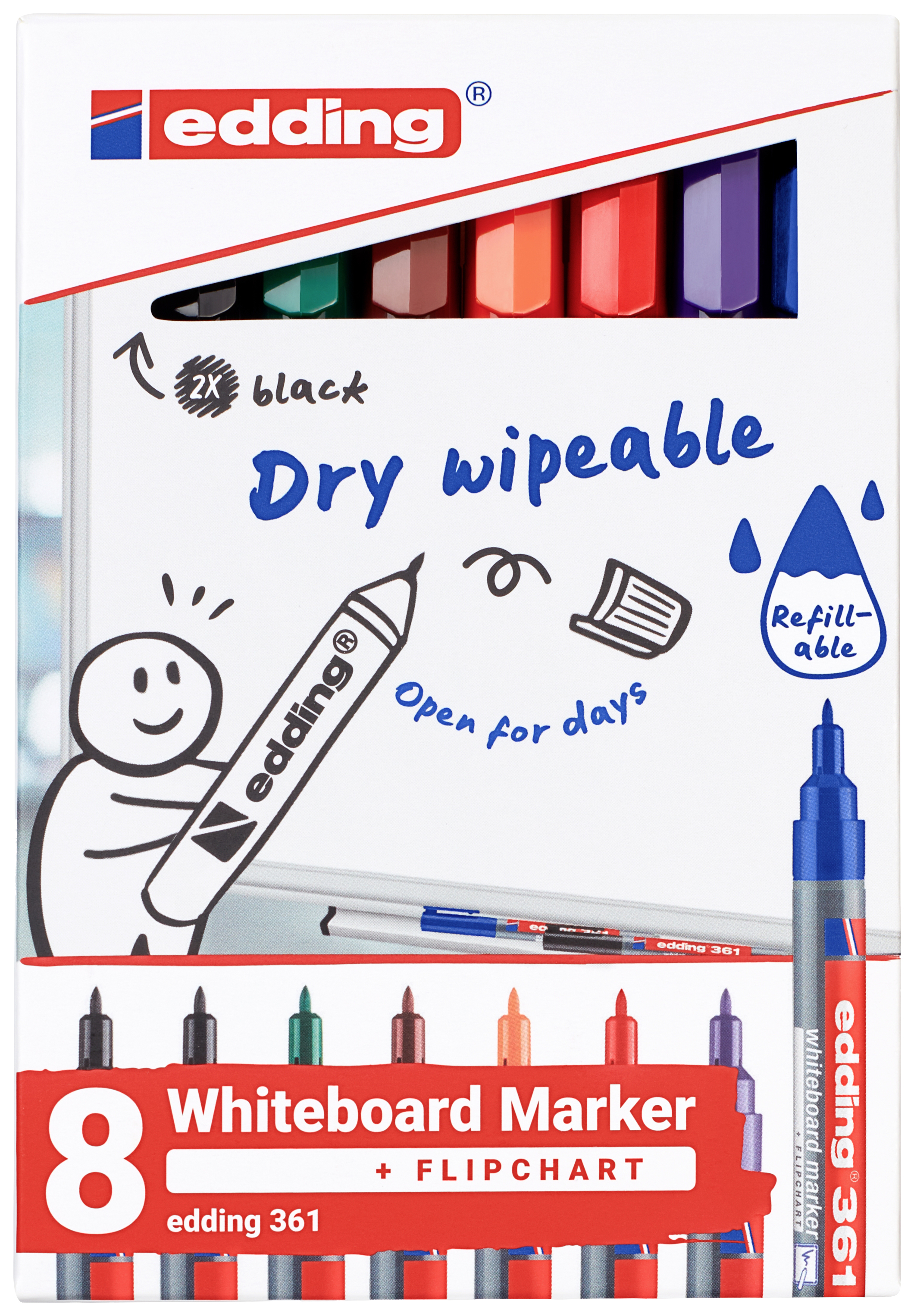 Acht Whiteboard-Marker von edding in verschiedenen Farben, geeignet für Flipcharts. Markierungen sind trocken abwischbar und nachfüllbar.