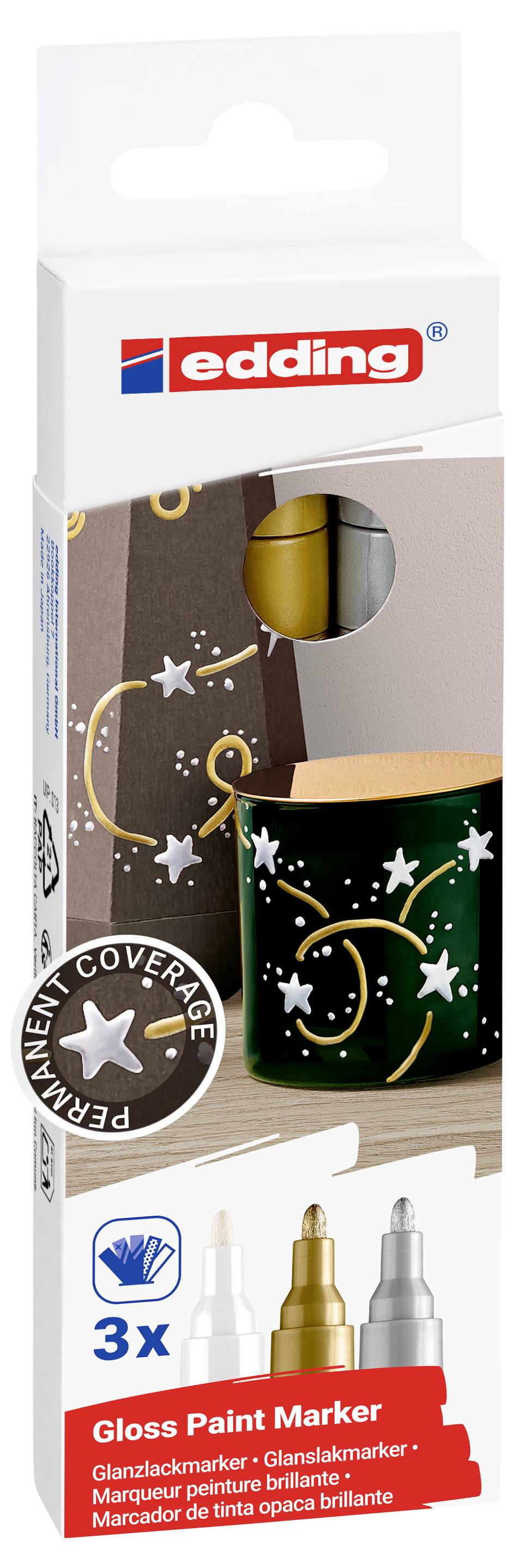 Verpackung für edding Permanent-Abdecklackstifte, zeigt eine grüne Tasse, die mit goldenen und weißen Sternen verziert wird, 3 Farben enthalten.