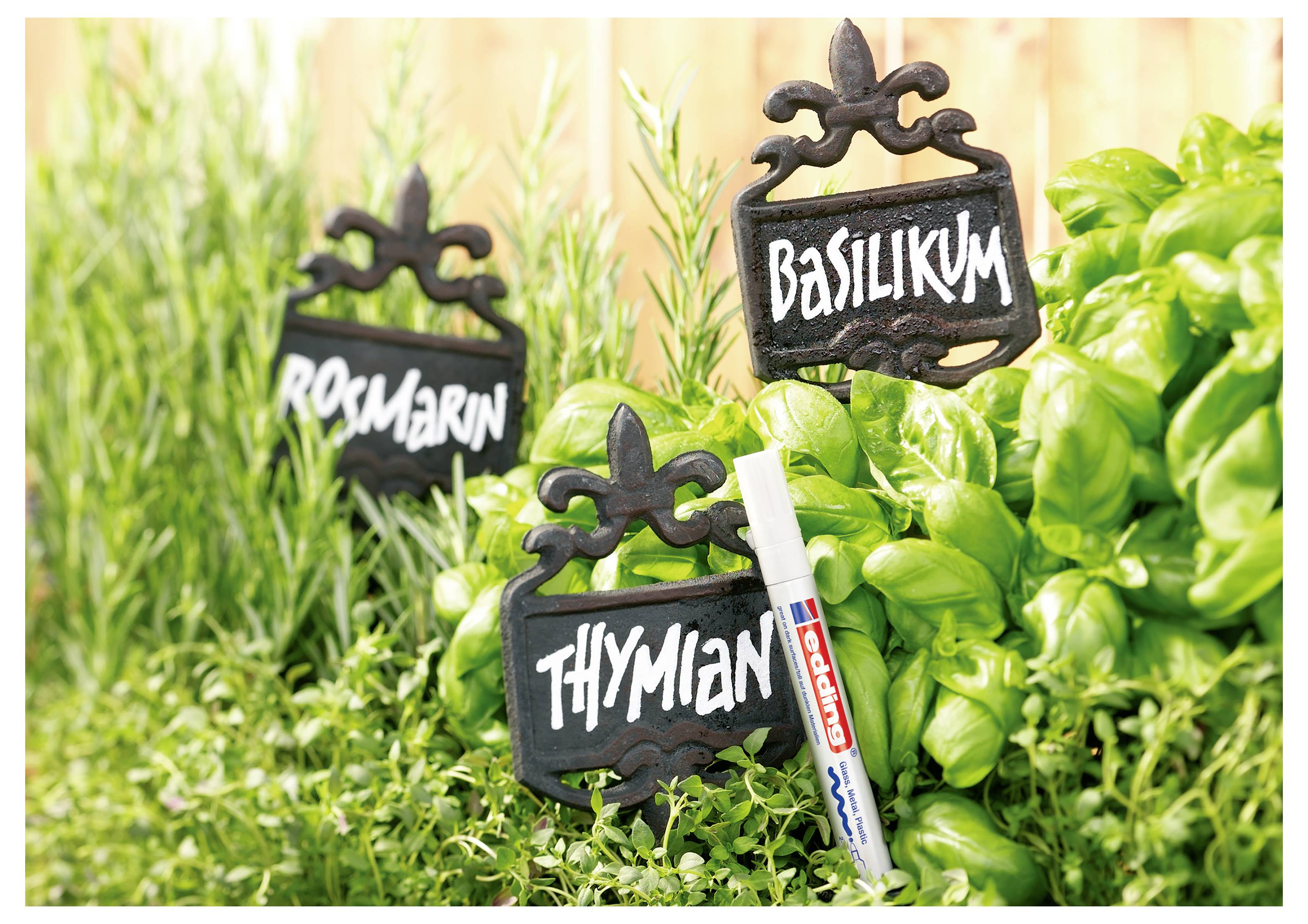 Kräutergarten in Töpfen mit beschrifteten Pflanzen: Rosmarin, Thymian und Basilikum, gekennzeichnet durch kleine schwarze Schilder und einen Pflanzenstecker.