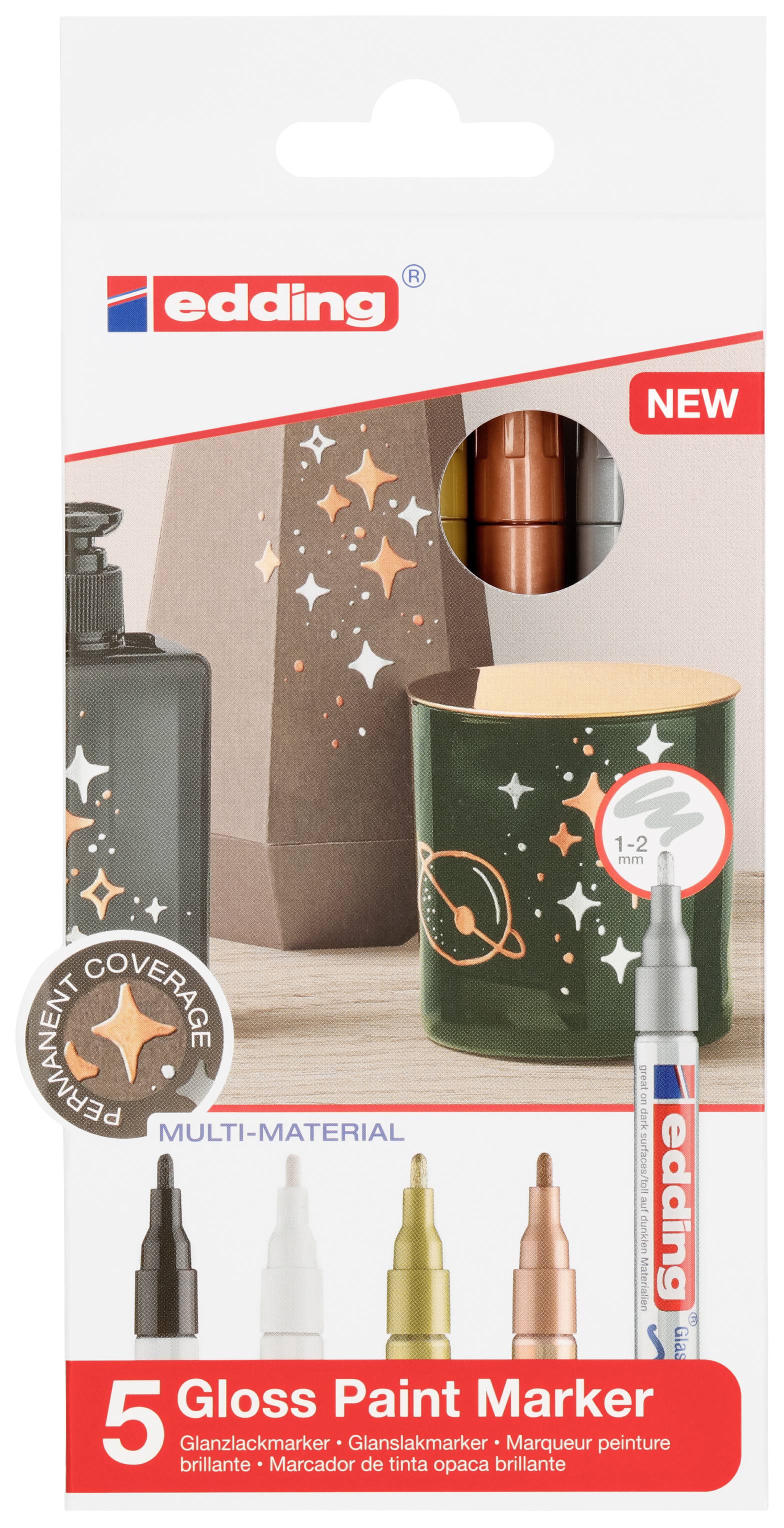 'edding' Verpackung mit fünf glänzenden Lackmarkern in verschiedenen Farben. Geeignet für Multi-Material-Oberflächen.