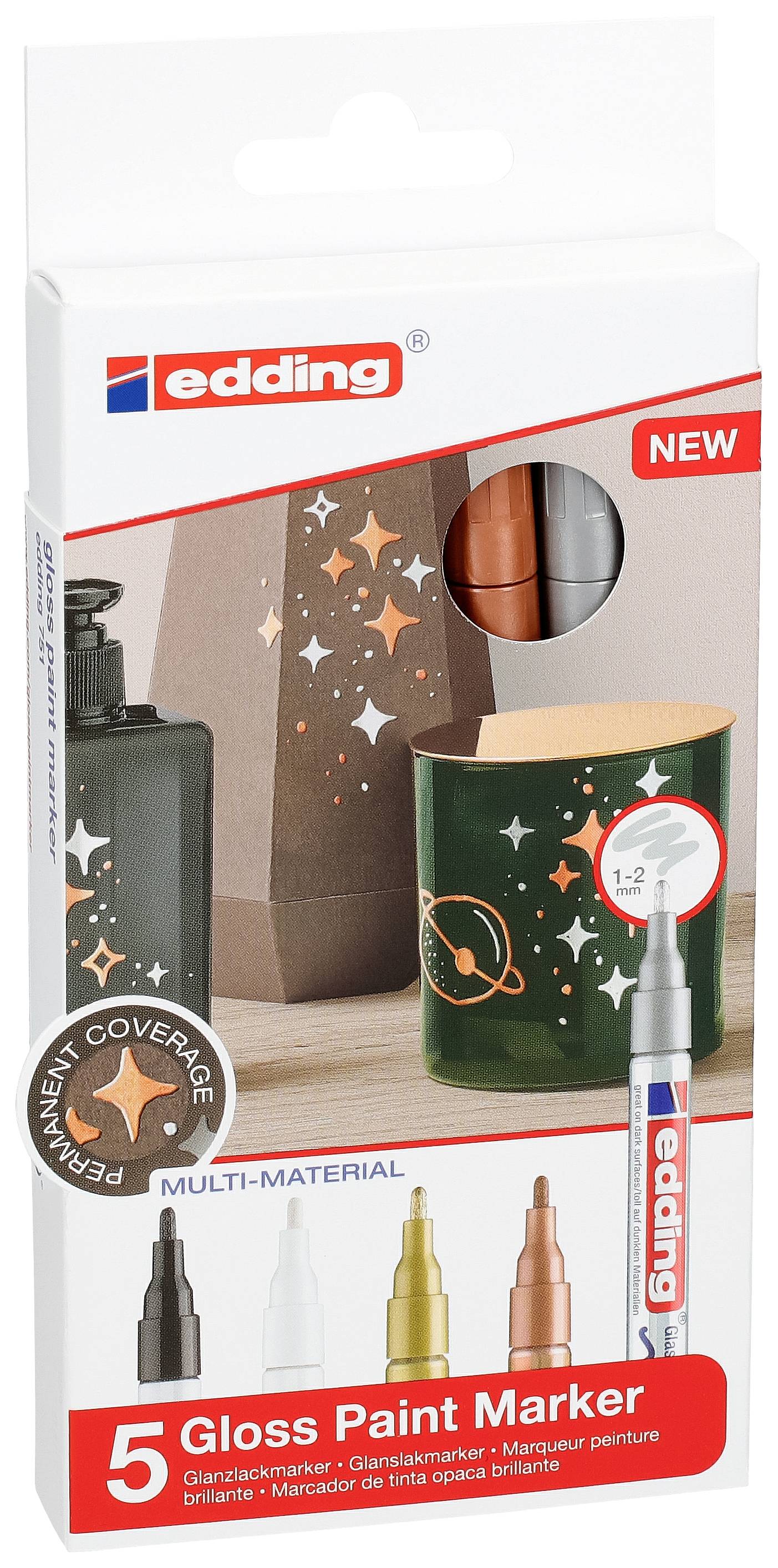 Edding 5 Gloss Paint Marker Set in verschiedenen Farben auf Verpackung. Geeignet für glatte Oberflächen mit hoher Deckkraft.