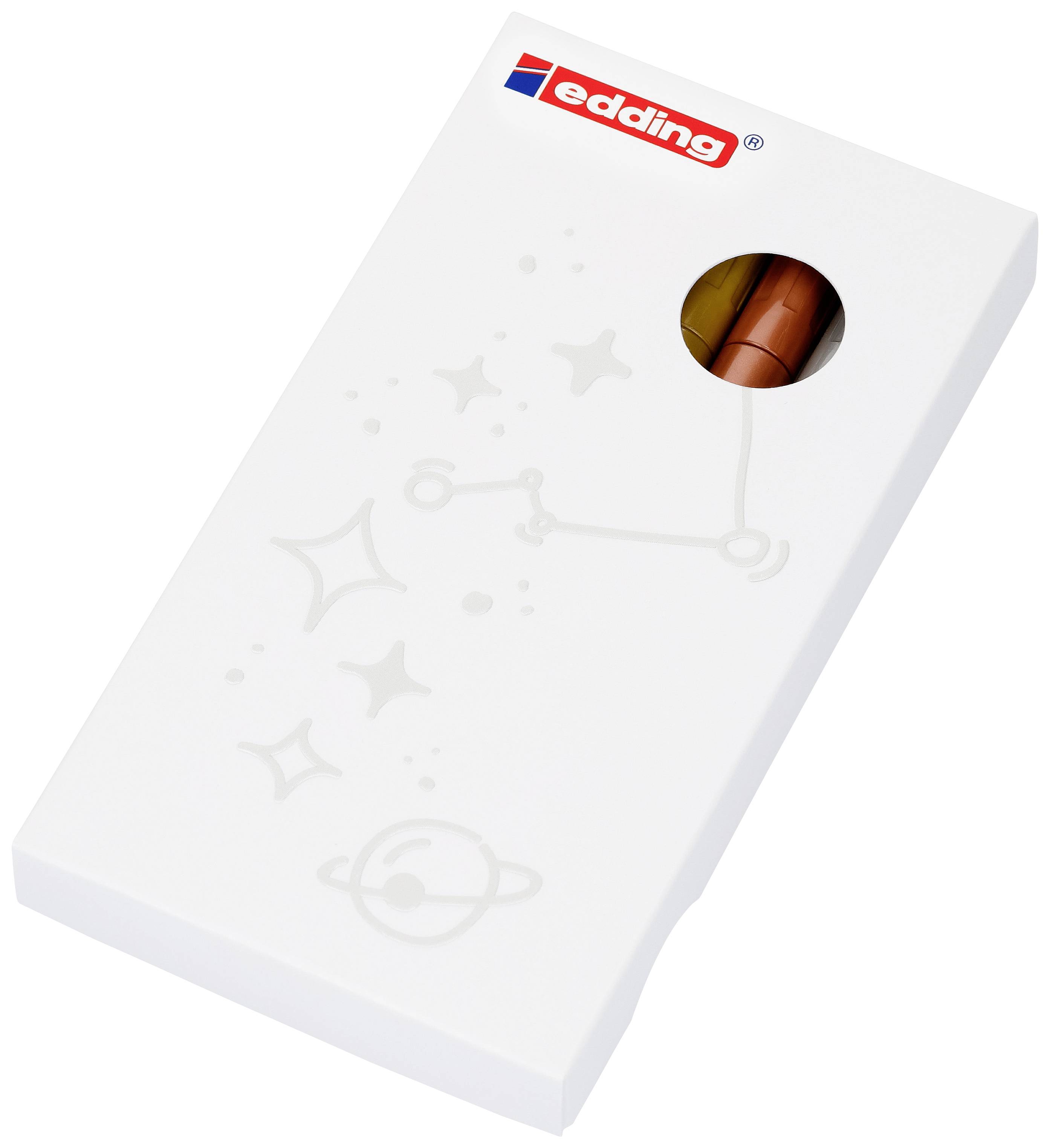 Weiße Verpackung mit 'edding'-Logo und transparentem Fenster zeigt Stifte. Astronomische Symbole und Sterne auf der Verpackung.