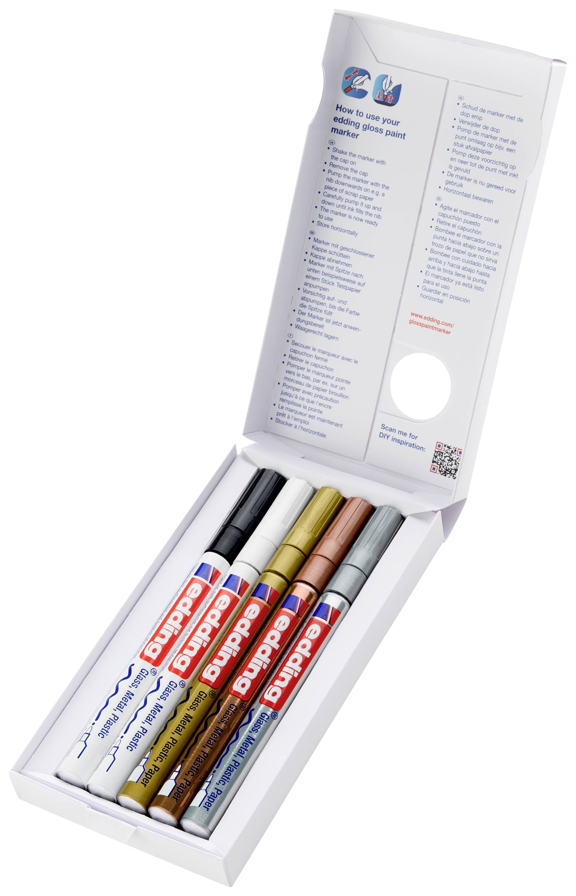 Fünf Stifte in verschiedenen Farben in einer geöffneten Box. Die Farben sind Schwarz, Weiß, Gold, Silber und Braun.