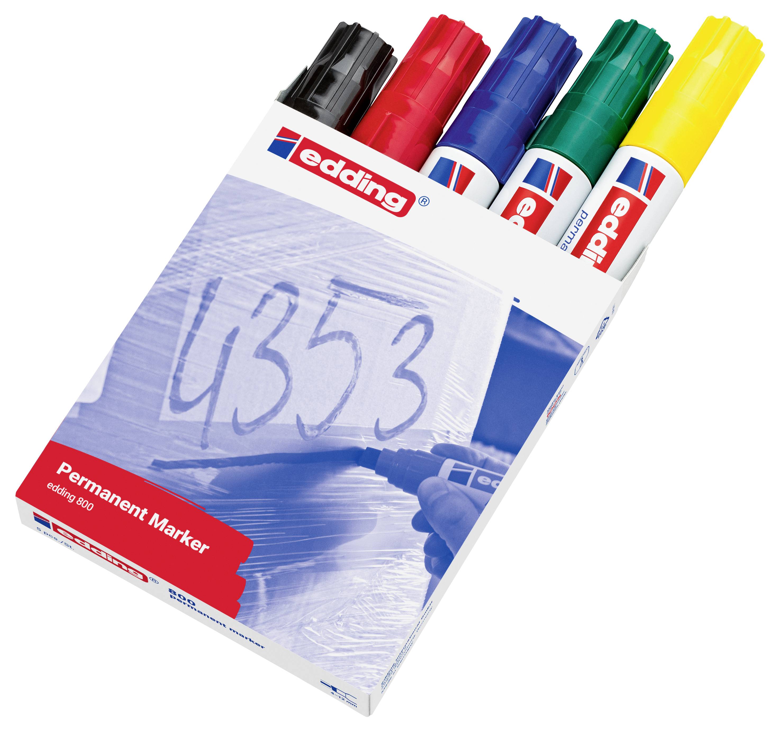 Packung mit fünf Edding-Permanentmarkern in Schwarz, Rot, Blau, Grün und Gelb, gezeigt in Einzelhandelsverpackung.