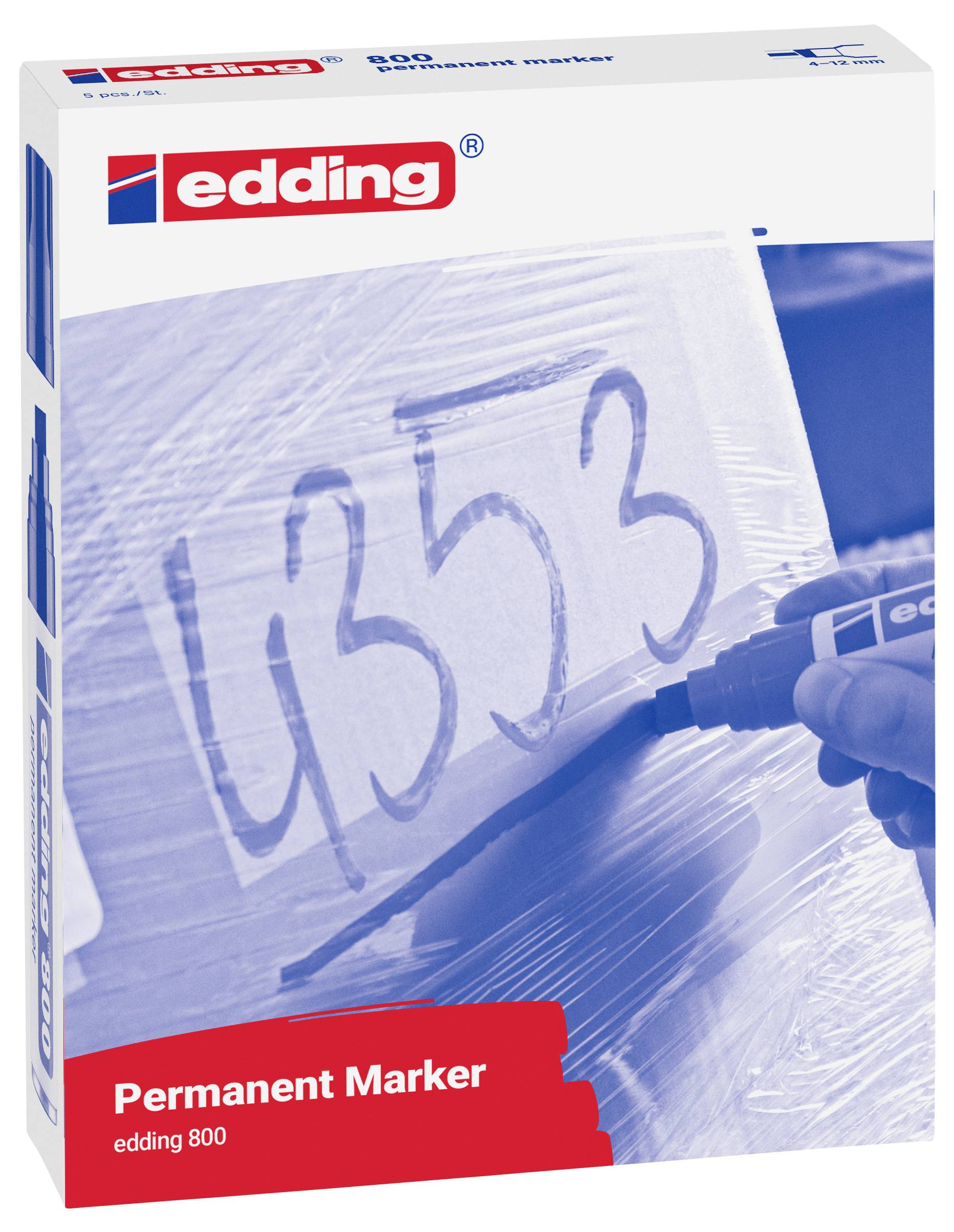Packung eines „edding 800" Permanentmarkers, der den Marker zeigt, wie er große Ziffern auf Kunststofffolie schreibt.