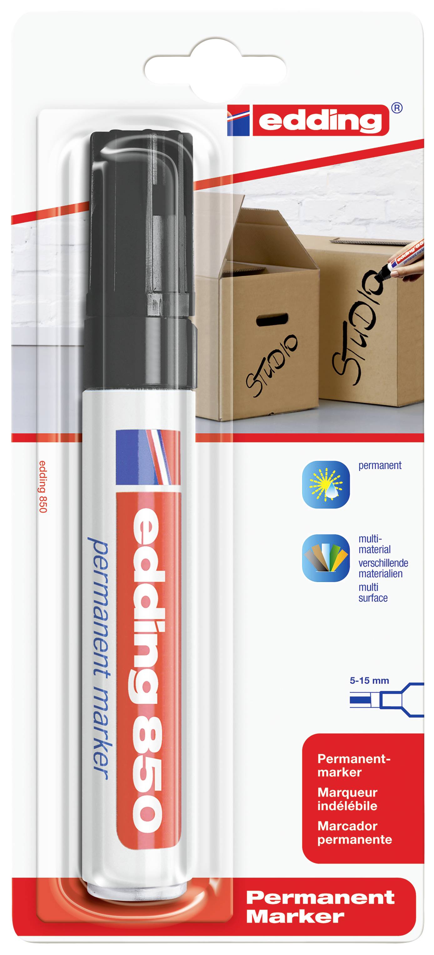 Ein schwarzer Permanentmarker der Marke Edding 850 in einer Verpackung. Ideal zum Beschriften von Umzugskartons und anderen Oberflächen.