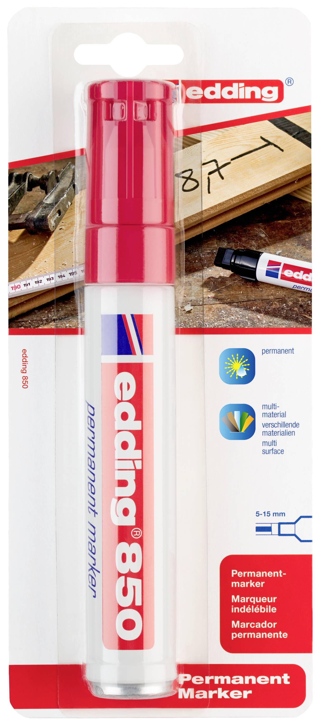 Ein roter Edding 850 Permanentmarker in Verpackung, geeignet für verschiedene Oberflächen, mit dicker Spitze von 5-15 mm.