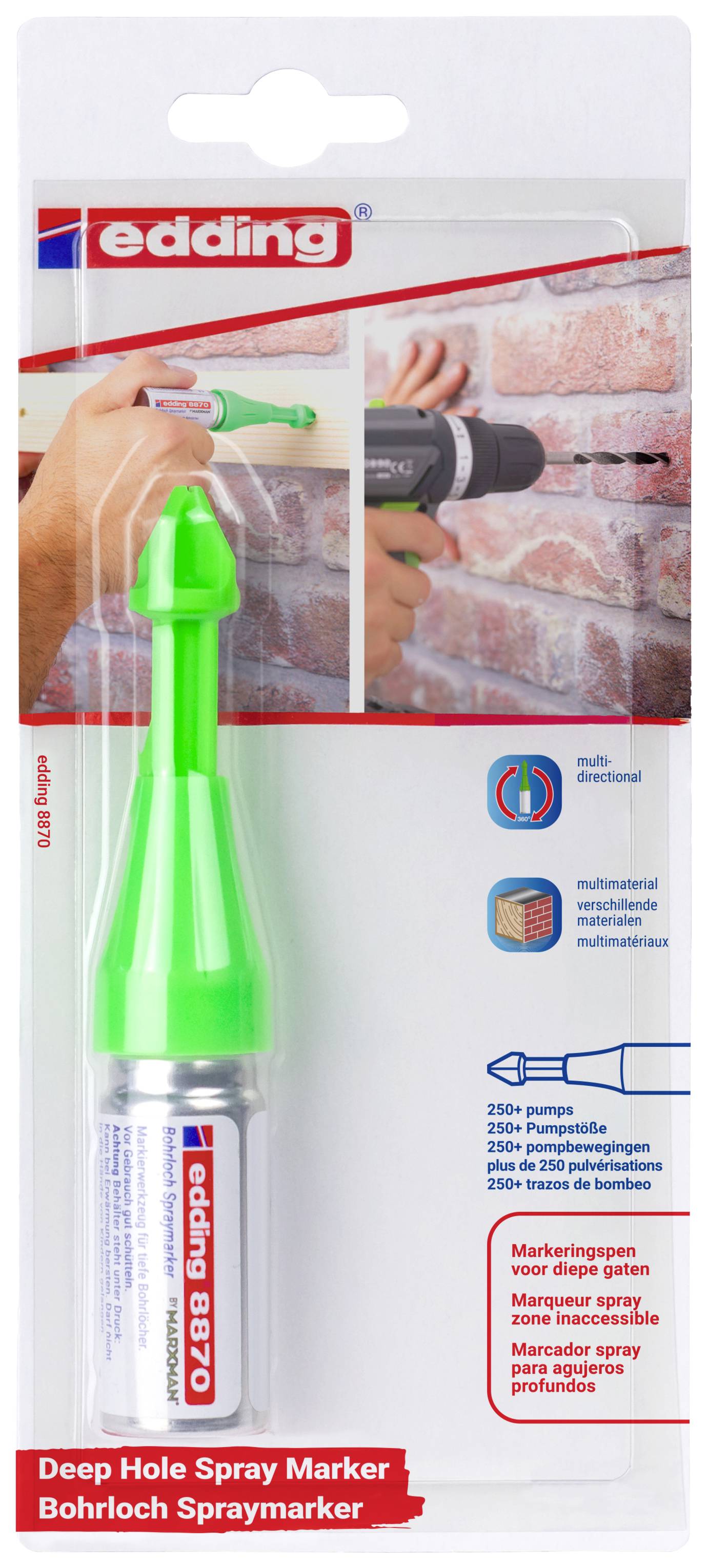 Verpackung des 'edding' Tiefloch-Dosierstift 8850 mit grüner Markierkappe, ideal für schwer zugängliche Stellen beim Bohren.