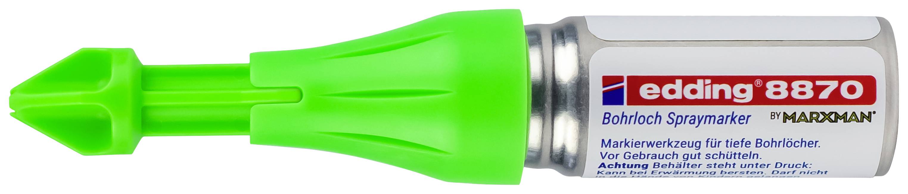 Grüner edding 8870 Bohrloch Sprühmarker vor weißem Hintergrund. Dient zur Markierung von tiefen Bohrlöchern, Hersteller MADMAAXM.