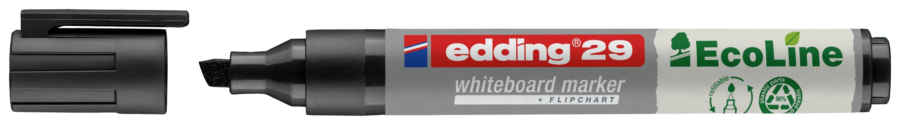 Abgebildet ist ein schwarzer Eddings-Marker, Modell 'EcoLine 29', mit abgenommener Kappe. Er ist besonders umweltfreundlich.