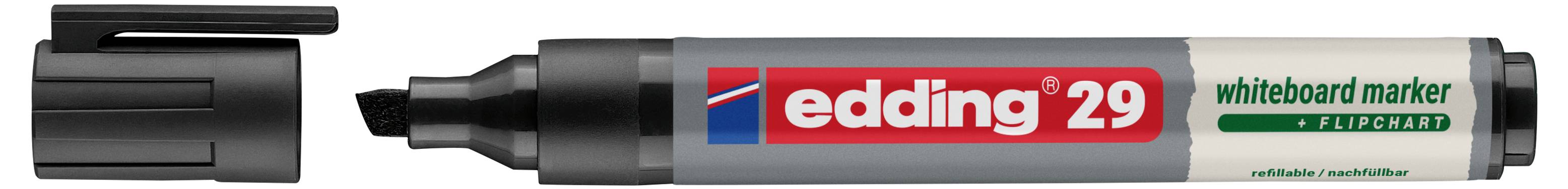 Schwarzer Whiteboard-Marker mit entfernter Kappe, beschriftet edding 29, zeigt die Spitze und den grauen Schaft auf weißem Hintergrund.