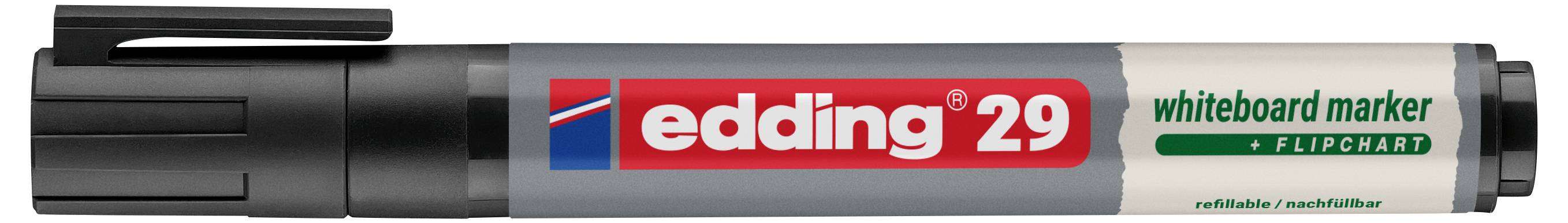 Schwarzer Edding 29 Whiteboard-Marker mit aufgesetzter Kappe, beschriftet mit „edding 29" und „Whiteboard-Marker" in rot, grün und grauer Verpackung.