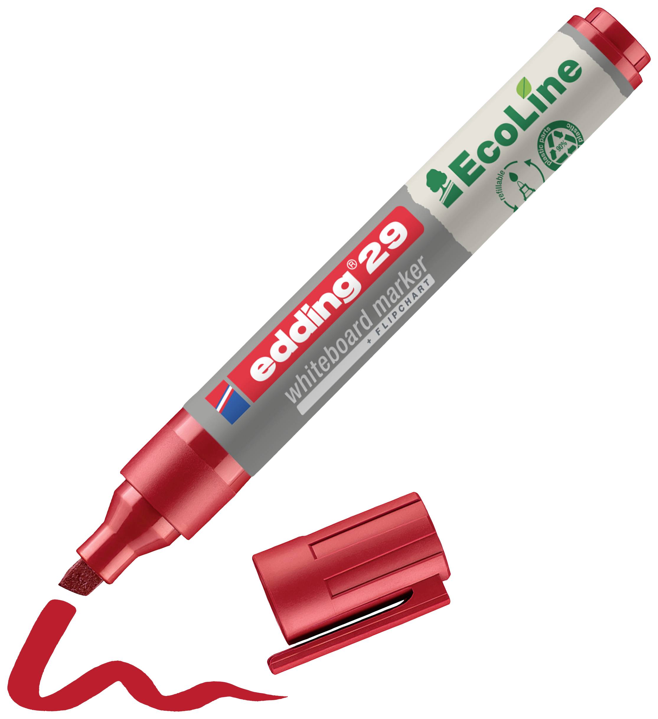 Roter Whiteboard-Marker 'edding 29 EcoLine' mit abgenommener Kappe, daneben eine rote Linie. Nachhaltig und umweltfreundlich.