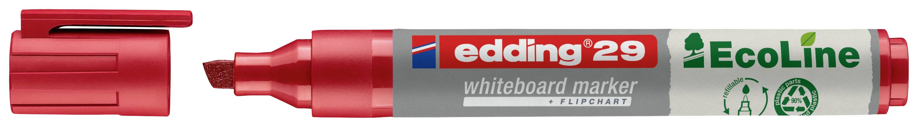 Ein roter Whiteboard-Marker mit geöffneter Kappe. Auf der Hülle steht 'edding 29 EcoLine'. Der Stift ist für Whiteboards geeignet.